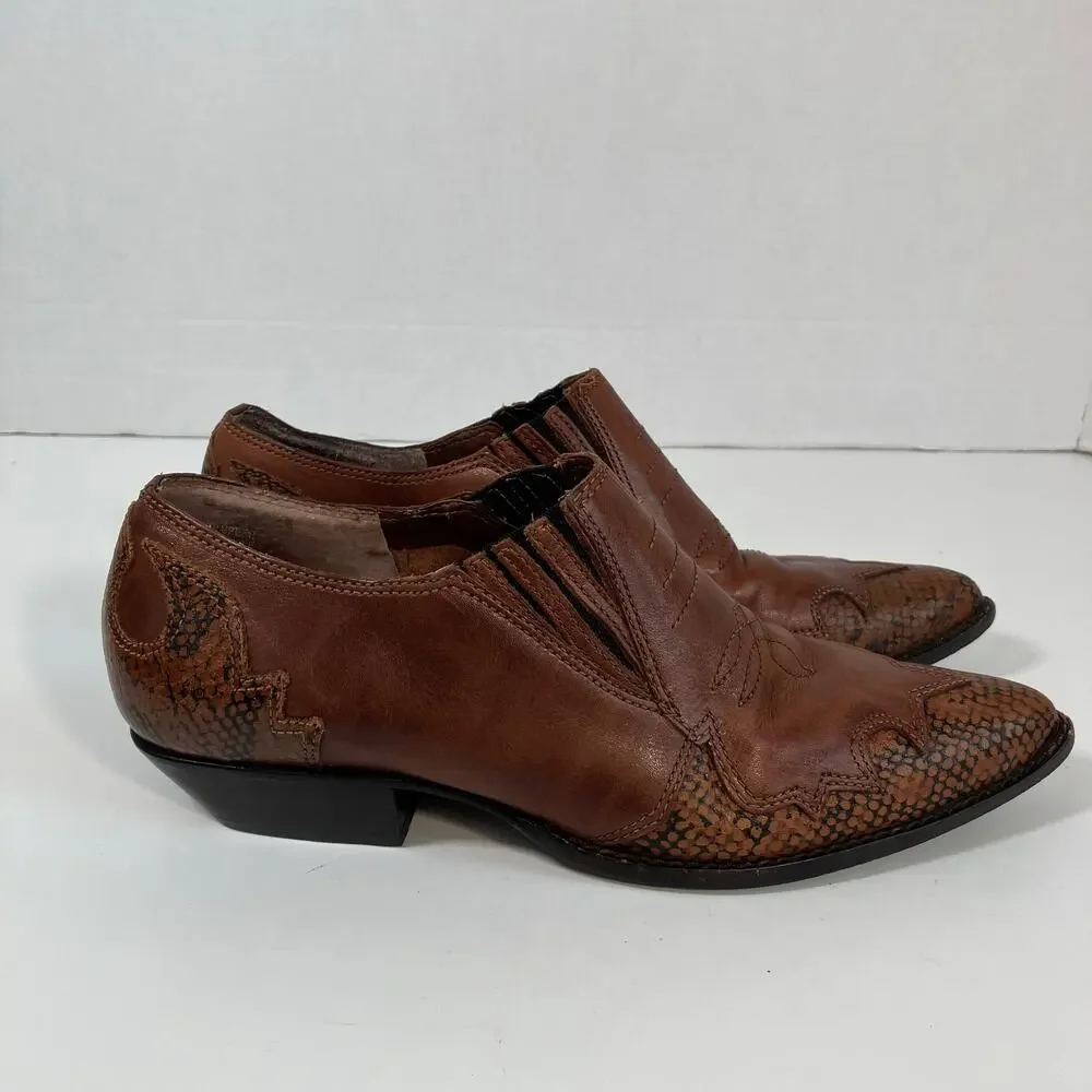 Nine West Sz 8.5 Vtg 90s Western Shoes Ankle Boots Pointed Toe Brown Leather